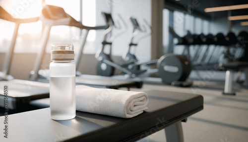Water Bottle and Towel on Bench in Modern Gym