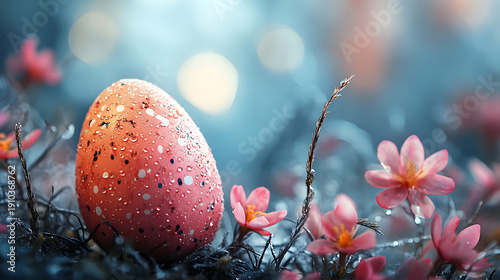 Bright pink egg rests among flowers in garden during spring season with dew drops showing fresh morning light