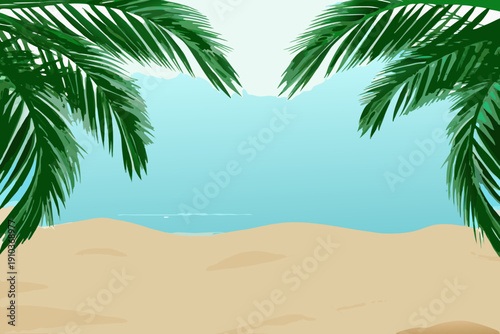 Tropical beach scene with palm leaves framing a blue sky and sand