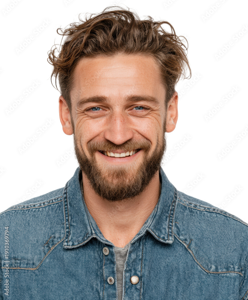 Fototapeta premium Smiling man portrait in denim jacket professional headshot, isolated on transparent background, png