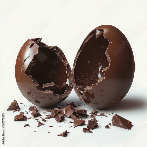 two glossy dark chocolate egg halves cracked open with scattered shards and crumbs on white surface, evoking indulgence and surprise