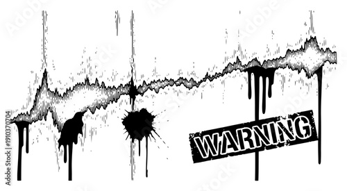 Grungy hand drawn soundwave with warning stamp and dripping ink splatters in punk style