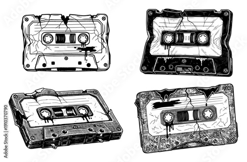 Set of four broken vintage cassette tapes with cracks and dripping ink in retro grunge style