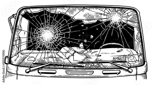 Shattered car windshield with broken glass fragments in vintage woodcut vector style