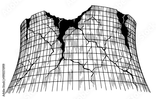 Fotografie Crumbling industrial cooling tower with deep cracks in hand drawn engraving styl