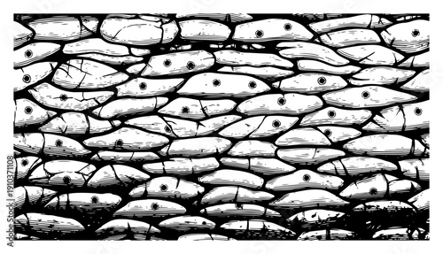 Black and white hand drawn engraving style illustration of an organic stone wall texture background