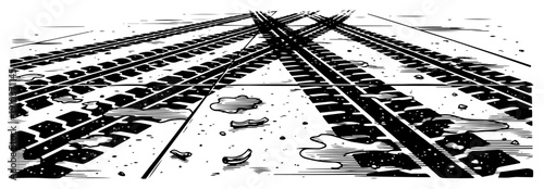 Perspective view of railway tracks in artistic ink sketch style