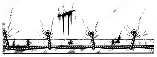 Horizontal rope border with loops in hand drawn ink style