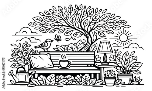 Hand drawn line art illustration of a cozy garden scene depicting outdoor relaxation for a tranquil lifestyle