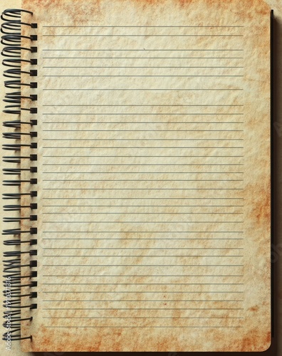 worn spiral-bound notebook with lined aged parchment page, empty ruled lines and warm vintage texture conveying nostalgia and quiet invitation to write