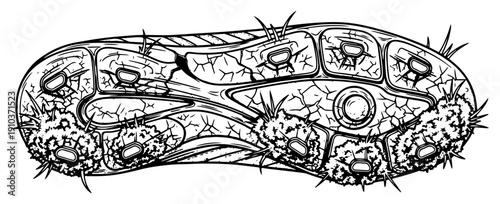 Detailed illustration of a cracked shoe sole overgrown with moss and thorns