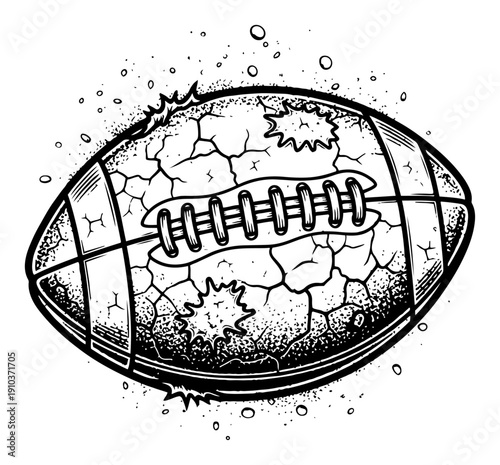Damaged and cracked American football ball in post apocalypse hand drawn engraving style
