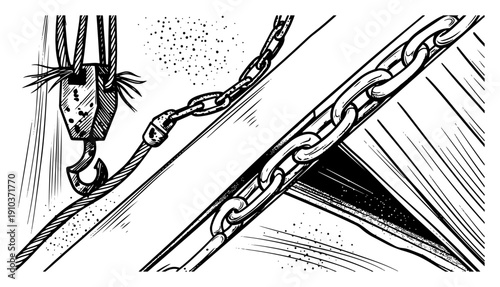 Hand drawn engraving style illustration of a heavy industrial crane hook with metal chains and cables
