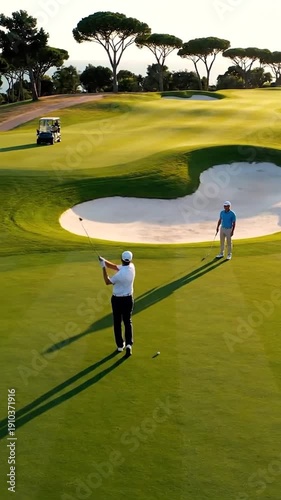 A man prepares to hit a golf ball on a lush green course during golden hour