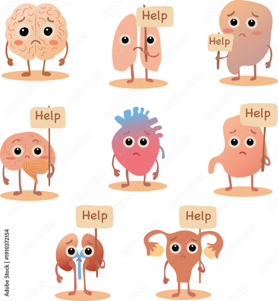Obraz premium Cute human organs cartoon character collection holding help signs including brain heart lungs stomach liver kidney and uterus in flat vector style for medical health care awareness and education desig