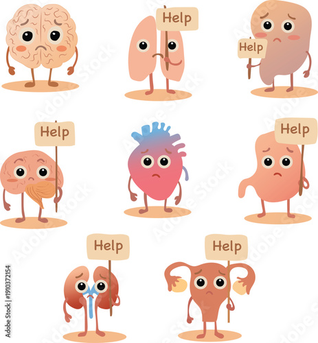 Cute human organs cartoon character collection holding help signs including brain heart lungs stomach liver kidney and uterus in flat vector style for medical health care awareness and education desig