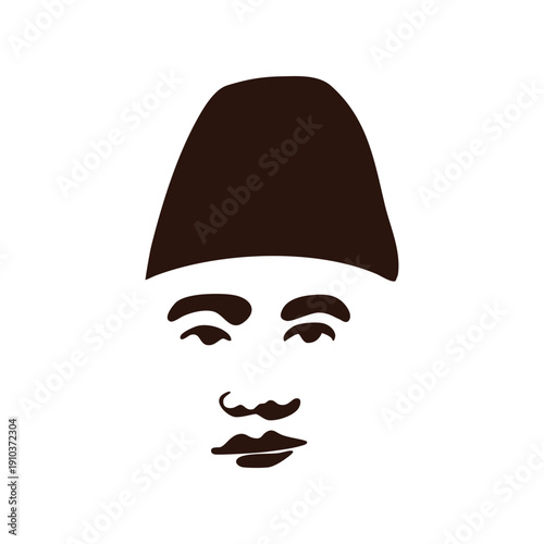 Stylized Minimalist Portrait Of A Man Wearing A Dark Brown Fez Hat And Facing Forward Against A White Background