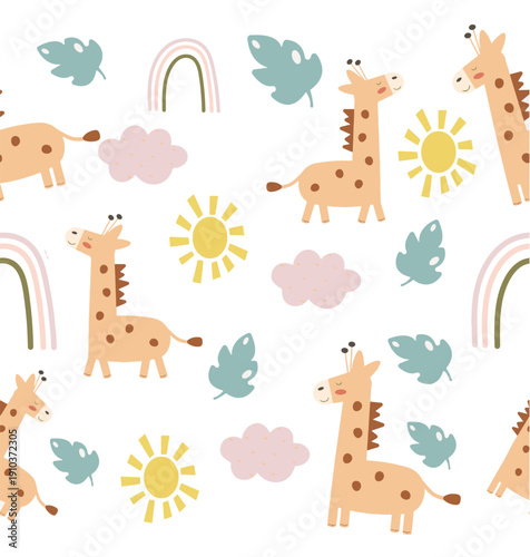 Whimsical giraffes and sunny landscape with rainbows and leaves
