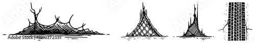 Hand drawn engraving style vector illustration of tactical camouflage netting and tire track textures