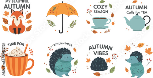 Autumn cozy quotes and illustration set with hedgehog, tea cup, umbrella, coffee, leaves, and fall typography elements for seasonal lifestyle designs