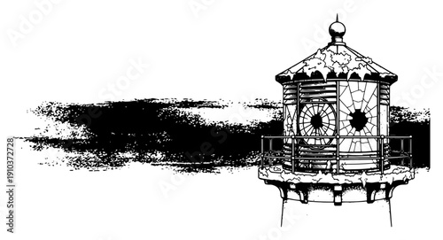 Hand drawn lighthouse tower top with broken windows and horizontal ink brushstroke smear