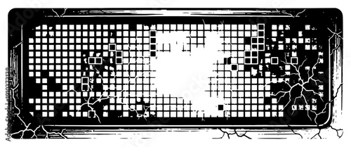 Hand drawn engraving style illustration of a broken and damaged computer keyboard with cracks