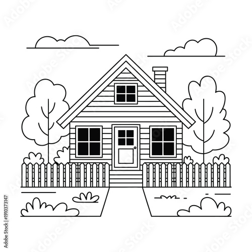 A simple line drawing of a house with a picket fence and trees