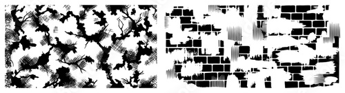 Vintage woodcut style vector illustration of abstract camouflage and distressed brick wall textures