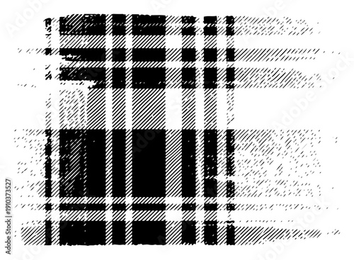 Hand drawn plaid pattern with rough crosshatching and worn fabric texture