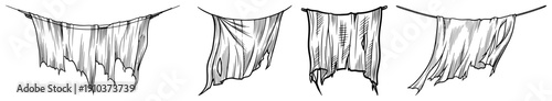 Detailed engraving of tattered rags hanging on a clothesline in black and white style