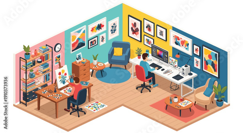 Isometric room illustration depicting an artist s studio with interior design elements on transparent background silhouette high quality professional detailed modern elegant