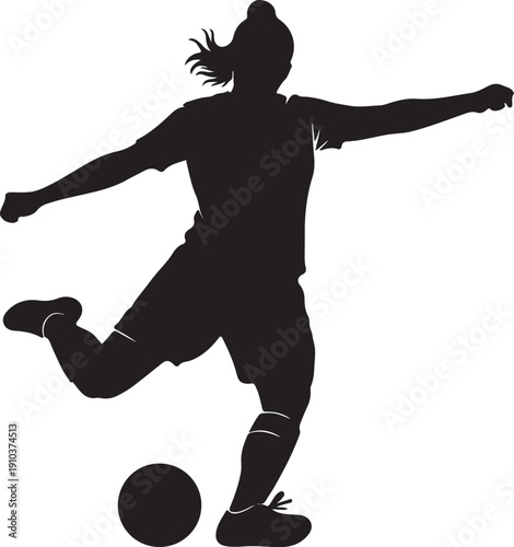 Female soccer player silhouette kicking ball isolated on white background vector illustration