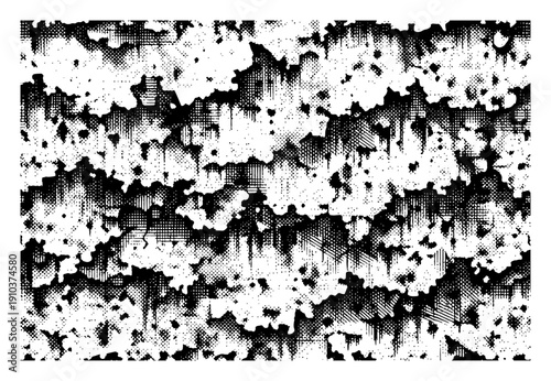 Abstract halftone pattern with wavy grunge shapes and distressed texture