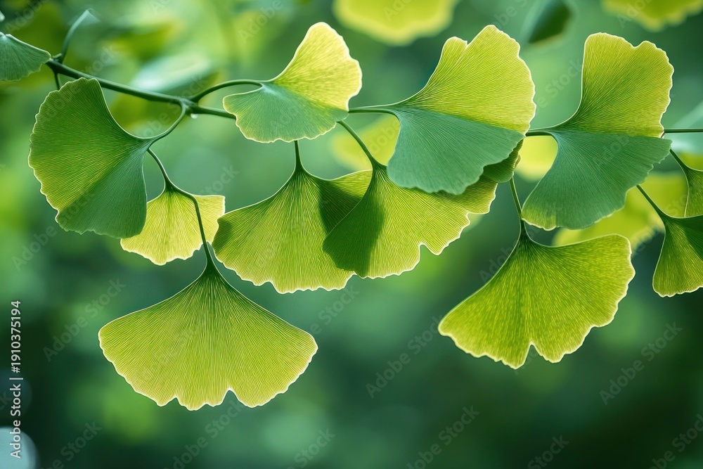 Obraz premium Sunlit fan-shaped ginkgo leaves on a delicate branch, serene fresh green foliage