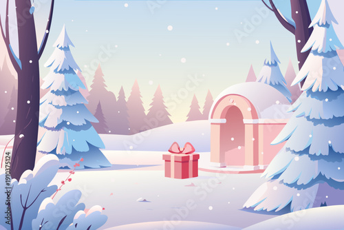 A snowy winter scene depicts an igloo with a gift outside