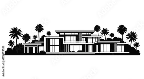 A striking black and white silhouette of a modern mansion surrounded by palm trees on transparent background high quality professional detailed