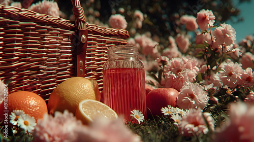 A picnic setting showcasing a woven basket surrounded by blooming pink flowers and grass. citrus fruits like orange and lemon complement a glass jar of juice, capturing the essence of springtime outdo