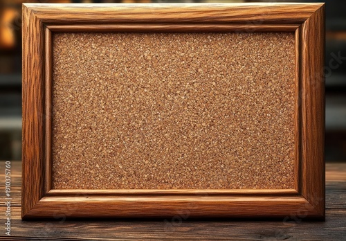 Empty cork bulletin board with wooden frame on rustic wooden table bathed in warm cozy light
