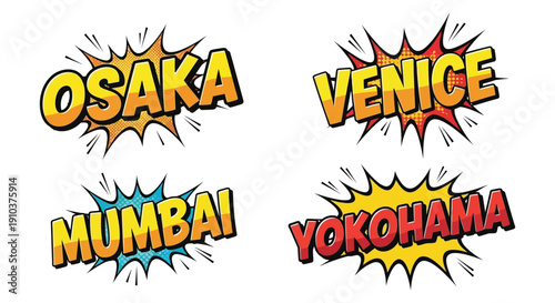 Comic style text displaying city names osaka venice mumbai yokohama on transparent background silhouette high quality professional detailed modern elegant stylish