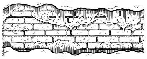 Old brick wall with dripping melting substance in vintage hand drawn engraving style