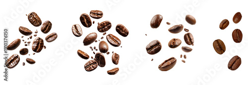 Foto delicious roasted coffee beans in motion, captured falling and scattered, perfect for fresh beverage advertising or culinary themes