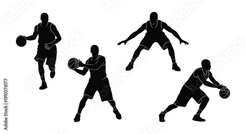 Four basketball players in dynamic poses showcasing athleticism and action on transparent background silhouette high quality professional detailed modern elegant stylish
