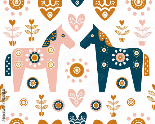 Scandinavian folk art pattern featuring dalah st horses and floral motifs