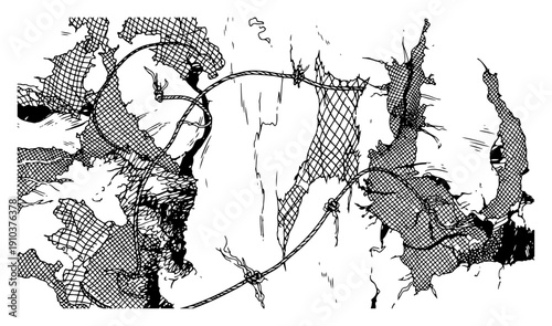 Detailed hand drawn panoramic illustration of torn mesh fabric with knotted ropes and hatched textures