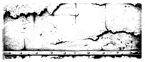 Distressed cracked wall texture with metal riveted border in detailed engraving style