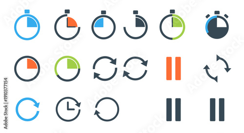 Collection of Timer and Clock Icons with Refresh and Pause Symbols.