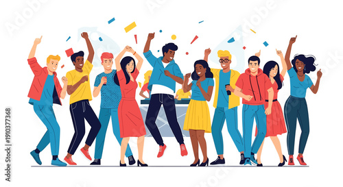 Joyful Celebration with Diverse Friends Dancing Amidst Falling Confetti at a Vibrant Party, Showcasing Happiness and Unity