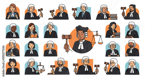 Collection of Diverse Judges in Professional Attire, Holding Gavel and Scales of Justice, Representing Legal System and Judiciary