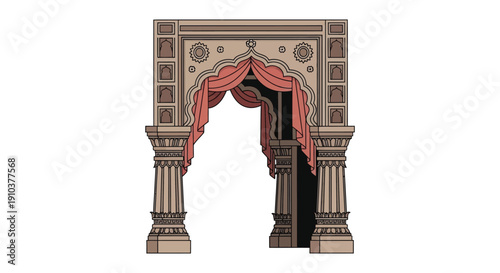 An ornate vintage archway with red drapery detailed carvings and a dark interior on transparent background silhouette high quality professional modern