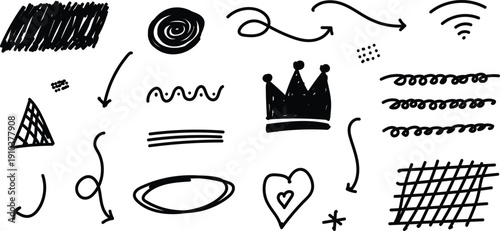 Collection of hand drawn black and white doodle elements